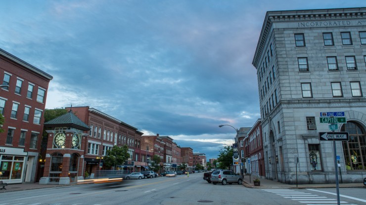 Main Street at dusk in Concord, New Hampshire.