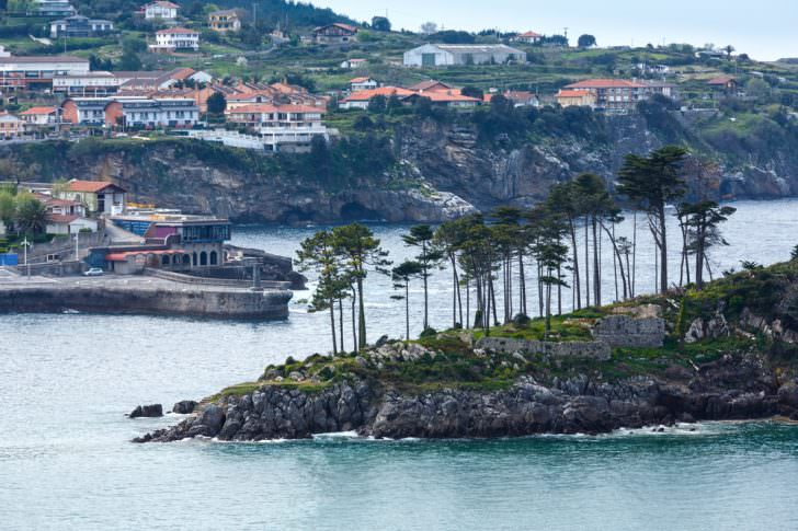 Lekeitio town coastline and San Nicolas island, Biscay, Spain, Basque Country