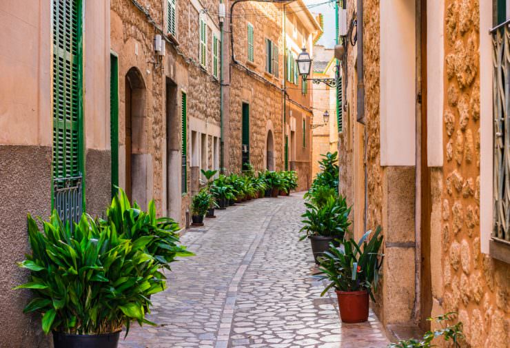 Idyllic street at the old town of Soller, Spain,