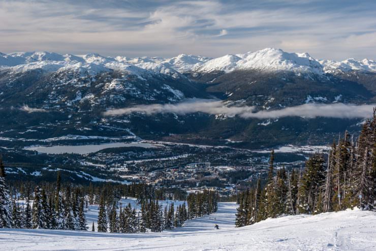 Skiing down to Whistler village from Blackcomb Mountain