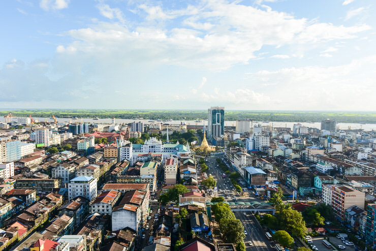 Aerial view of Sule pagoda in downtown, Yangon, Myanmar