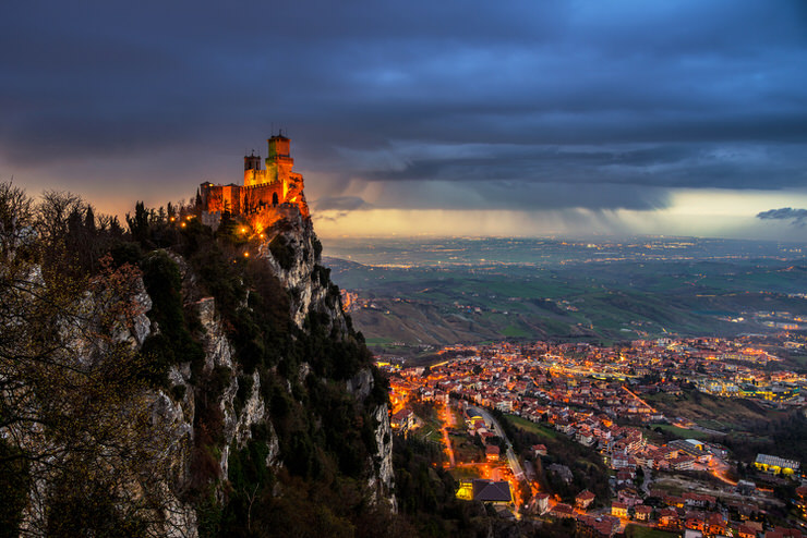 San Marino fortress of Guaita on Mount Titano at sunset