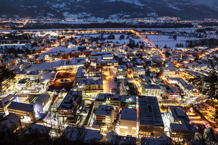 Vaduz, Liechtenstein top view at night
