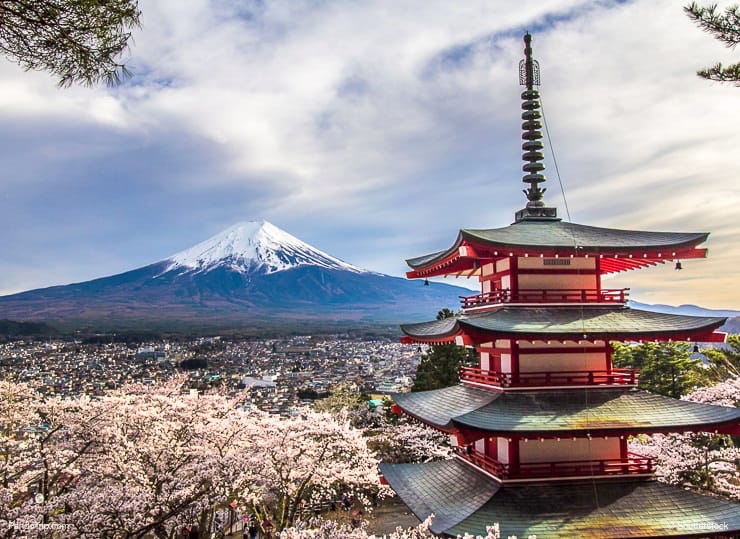 Red Pagoda and Mt Fuji