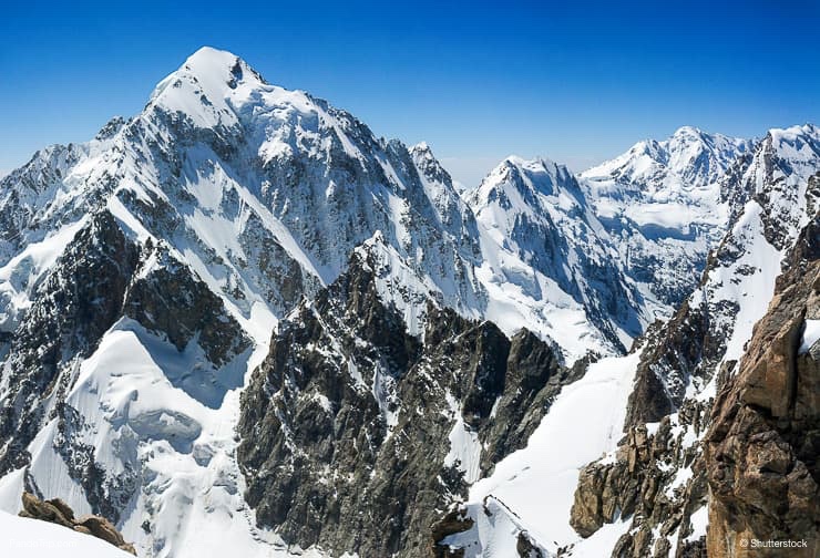 View of the highest peaks in Caucasus - Koshtan-Tau, Shkhara, Mizhirgi, Dykhtau