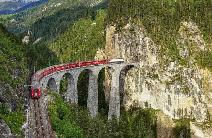 Aerial view of Landwasser Viaduct and Glacier Expres