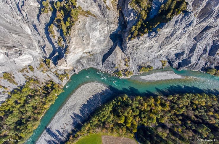 Drone view to Ruinaulta or Rhine Gorge, Grand Canyon of Switzerland