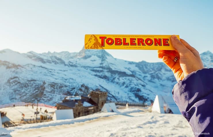 Toblerone chocolate on the Matterhorn mountain background in Switzerland