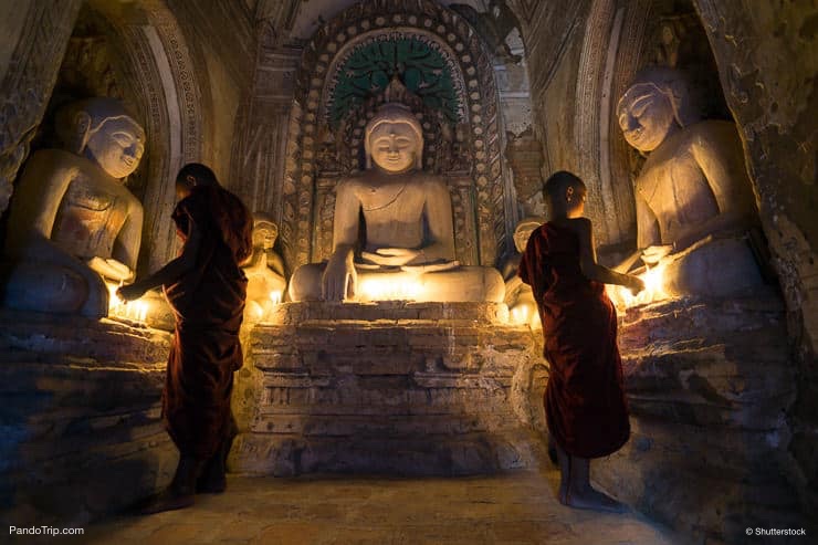 Monks Inside Bhuddist Pagoda Temple in Bagan, Myanmar