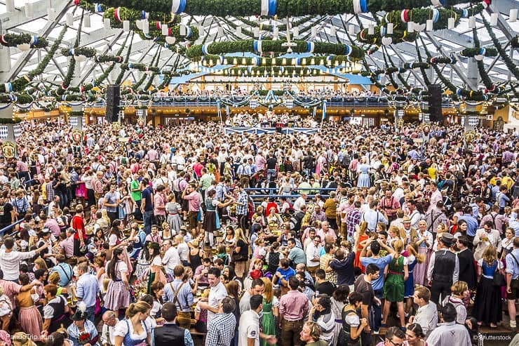 Overview over the big beer tent at Oktoberfest in Munich