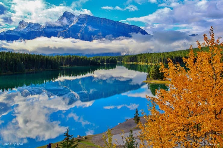Minnewanka lake in Canadian Rockies in Banff Alberta Canada