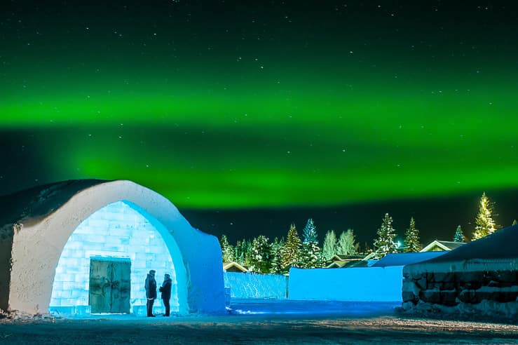 Northern lights over Ice Hotel in Sweden