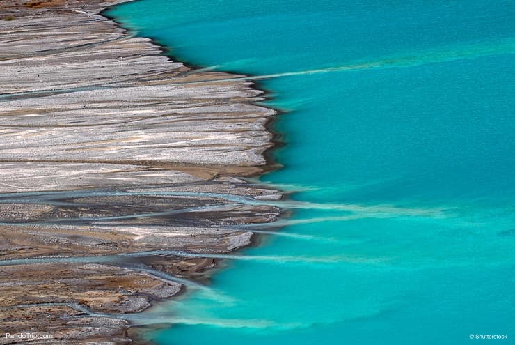 Peyto Glacier meltwater flows into Peyto Lake in Banff National Park, Canada