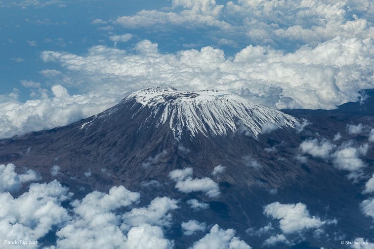 Aerial Drone view of Mount Kilimanjaro. Kilimanjaro National Park, Tanzania