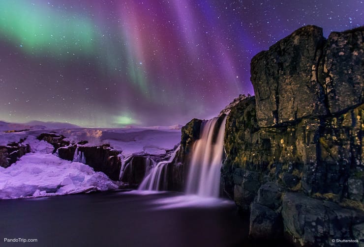 Kirkjufellsfoss Waterfall Under the Northern Lights