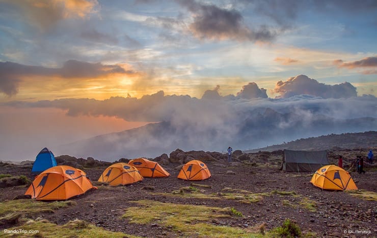 Orange tents on Mount Kilimanjaro. Kilimanjaro National Park, Tanzania