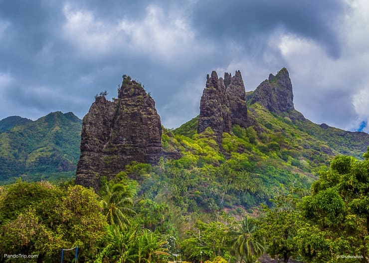 Peaked rock, overgrown jungle on the island of Nuku Hiva, Marquesas Islands, French Polynesia