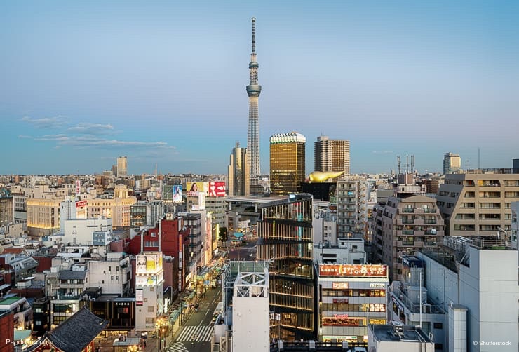 View of Tokyo Skytree and Asahi Beer Tower from Asakusa Culture Tourist Information Center, Tokyo, Japan