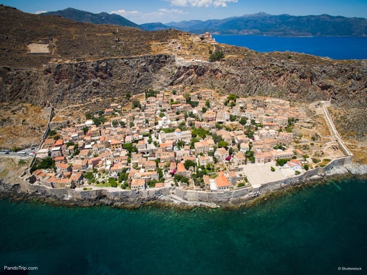Aerial view of the ancient hillside town of Monemvasia, Peloponnese, Greece