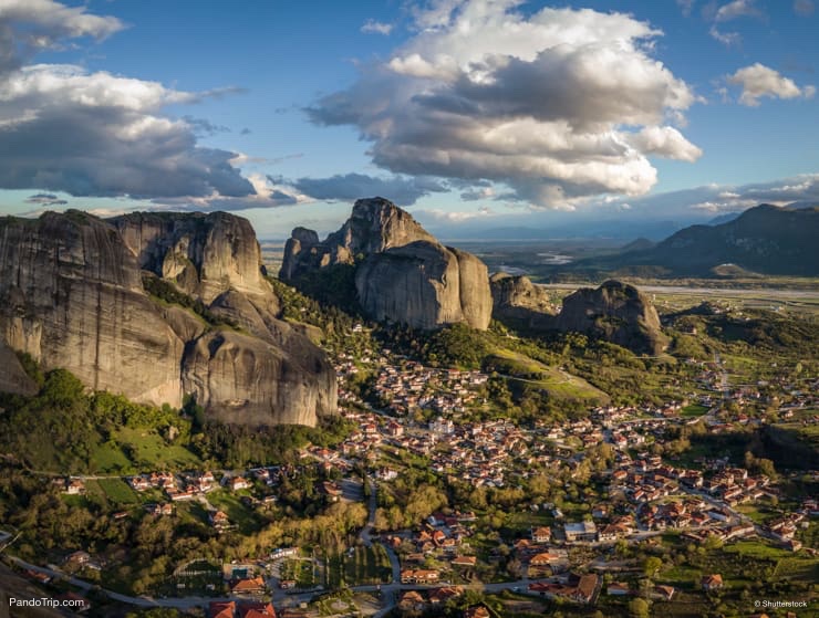 Meteora rock and town of Kastraki in Greece