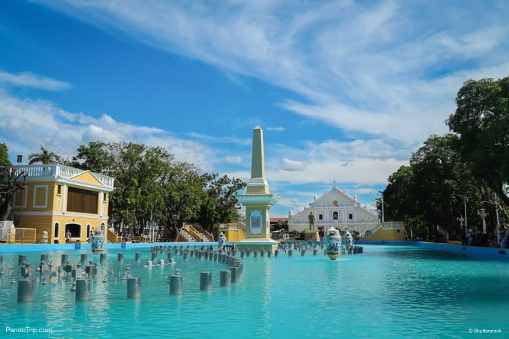 The dancing fountain of Plaza Salcedo rests in front of St. Paul's Cathedral, Vigan, Philippines