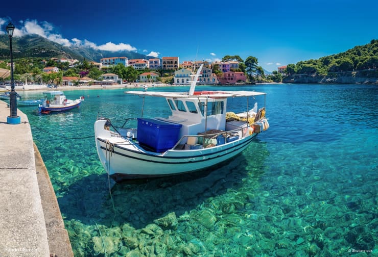 White blue boats in Assos village, Kefalonia island, Greece