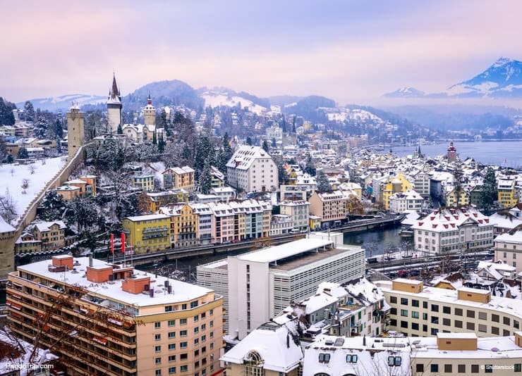 Aerial view of Lucerne during winter in Switzerland