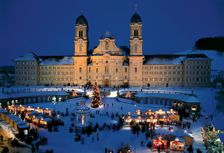 Christmas market in front of the Benedictine monastery in Einsiedeln, Switzerland