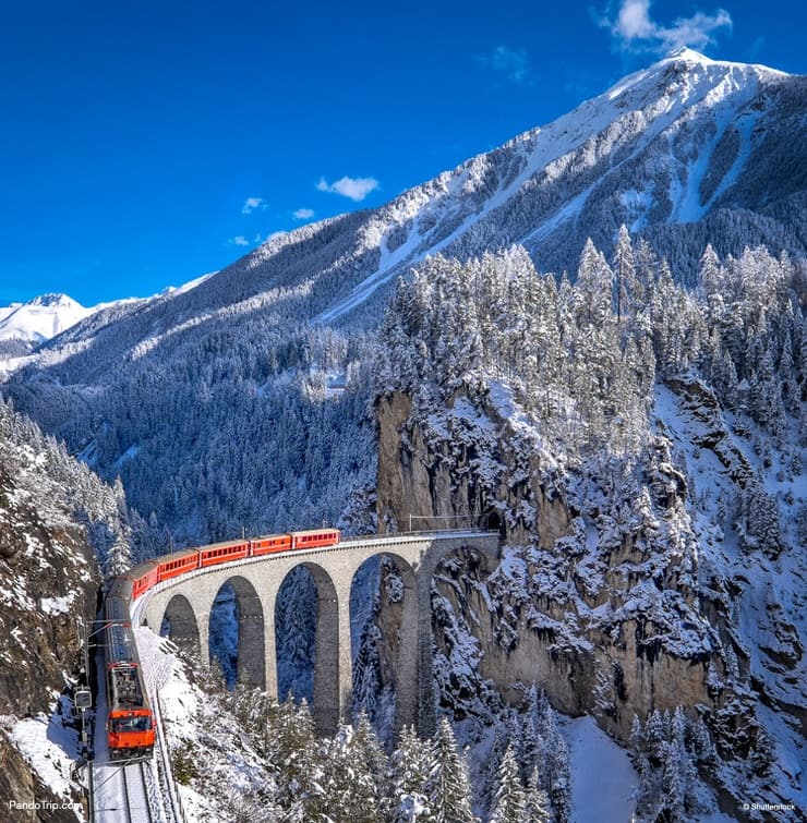 Famous Glacier Express in Switzerland. The train runs between St Moritz and the Oberalp Pass