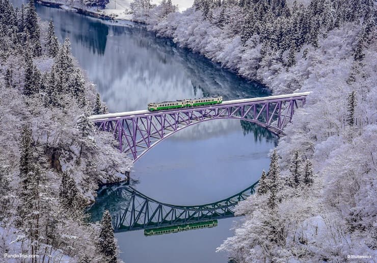 Spectacular view of the JR Tadami Line during winter in Japan