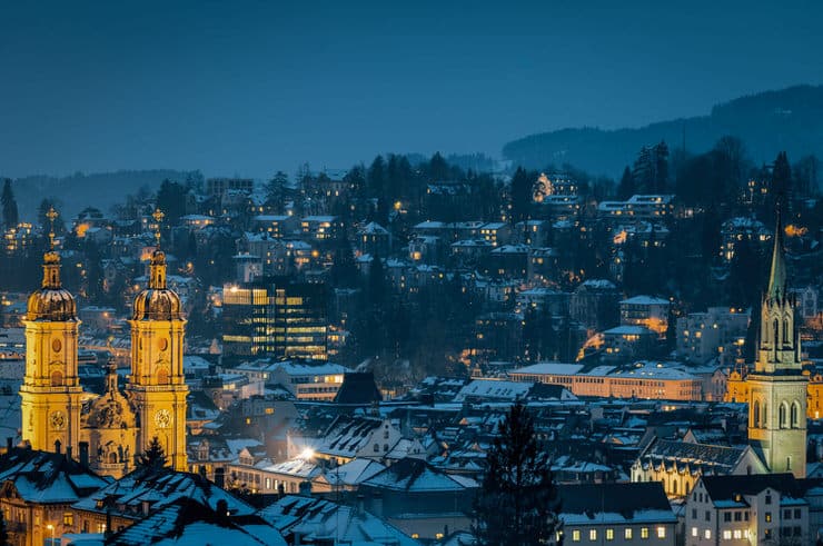 St. Gallen during winter at night in Switzerland