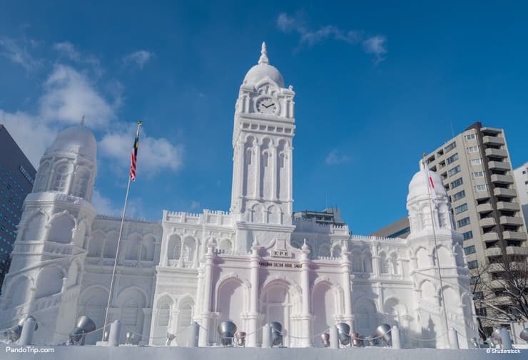 Sultan Abdul Samad Building sculpture made from snow. Sapporo Snow Festival in Sapporo, Hokkaido, Japan