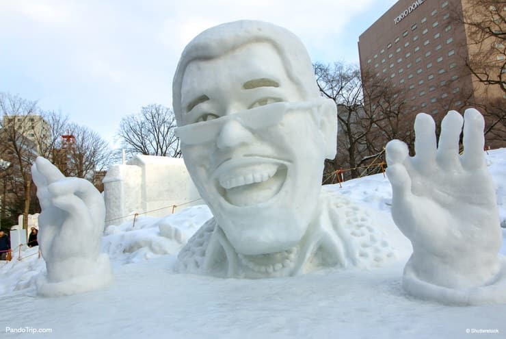 The snow statue of Daimaou Kosaka (aka Pikotaro). Sapporo Snow Festival in Sapporo, Hokkaido, Japan