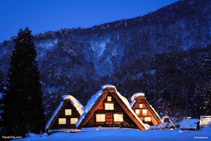 Traditional Houses in the Gassho Zukuri Style Shirakawa-go winter village in Gifu, Japan