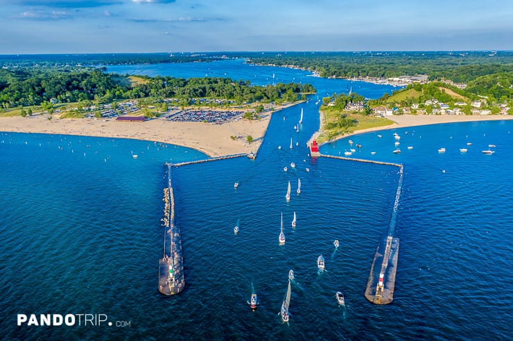 Aerial view of Holland Harbor Lighthouse, Michigan, USA