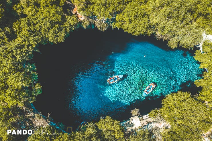 Aerial view of Melissani Cave in Greece