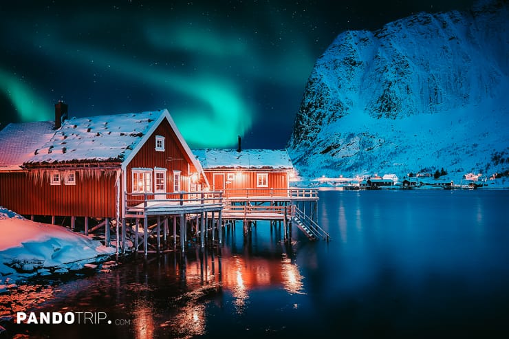 Houses in Hamnoy at night in winter