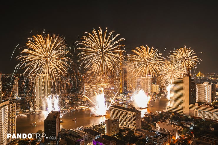 New Year's Eve fireworks along the Chao Phraya River in Bangkok