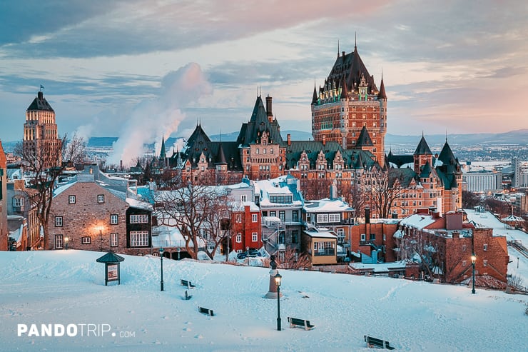 Quebec city view with Chateau Frontenac in winter
