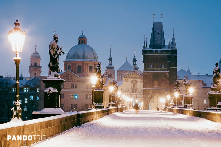 Snowy Charles bridge in Prague