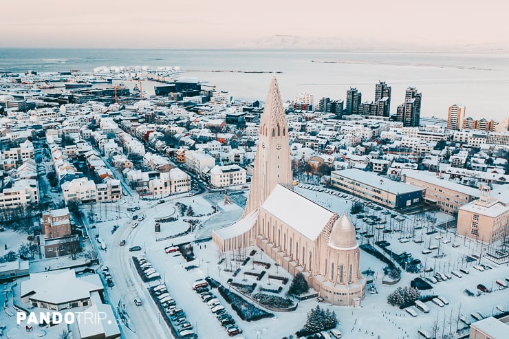 Snowy Hallgrimskirkja cathedral church in Reykjavik
