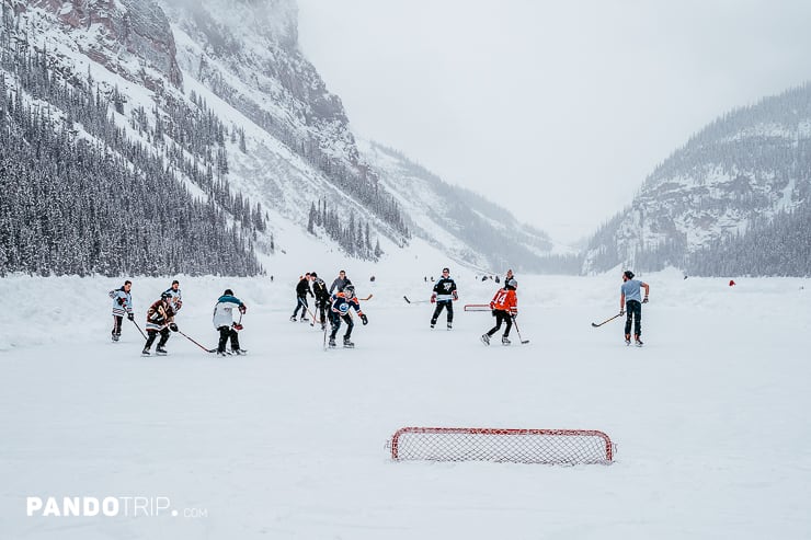 Pond Hockey on frozen Lake Louise in Banff