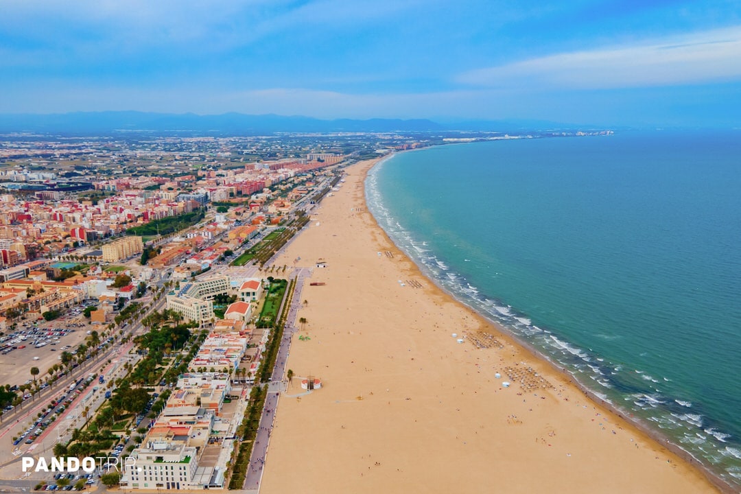 Aerial view of Playa de las Arenas and Malvarrosa Beach stretching along the Valencia coastline