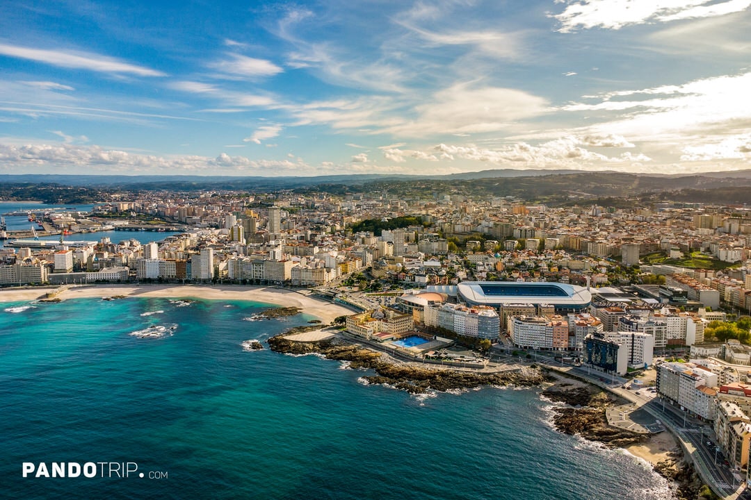 Coastal skyline of A Coruña with the Riazor stadium and Orzán Beach