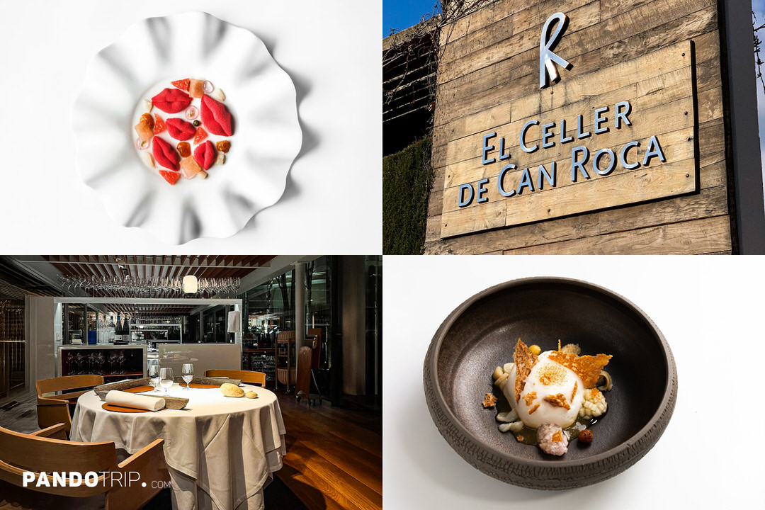 Collage showing food, interior, and exterior of El Celler de Can Roca restaurant in Girona, Spain