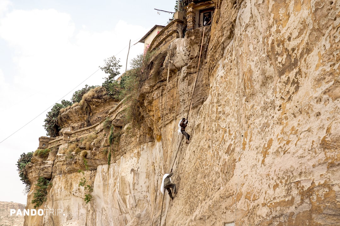 Monks Ascending Rope to Enter Debre Damo Monastery
