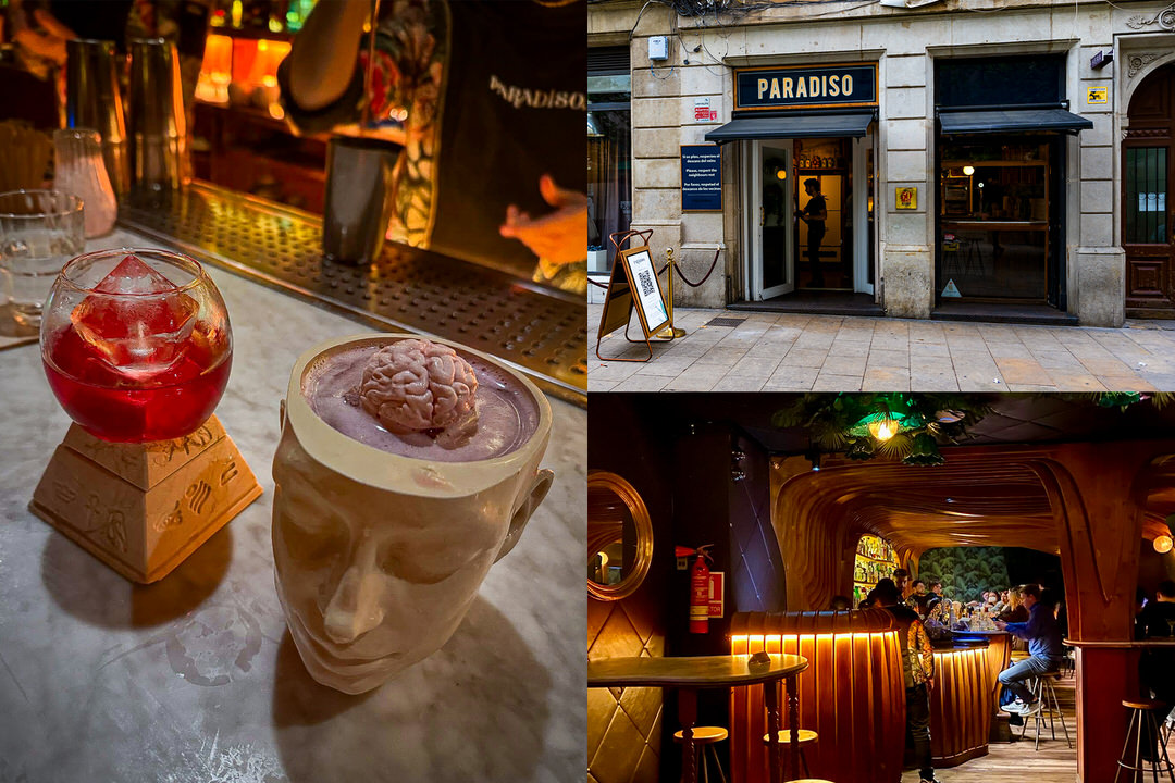 Cocktails and interior of Paradiso bar in Barcelona, including a drink shaped like a brain and the bar entrance.