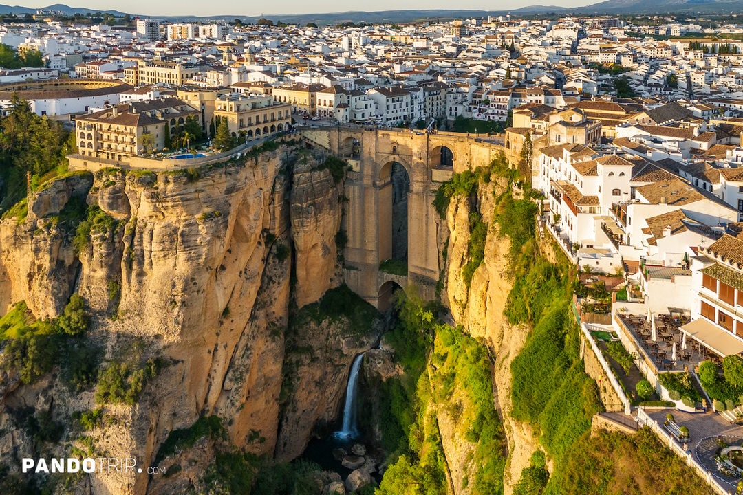 Aerial view of Puente Nuevo bridge spanning the El Tajo Gorge in Ronda, Costa del Sol, Spain