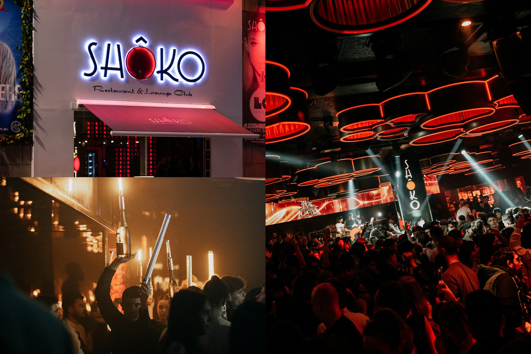 Exterior, interior, and nightlife scenes from Shôko club in Barcelona with red lighting and dancing crowd.