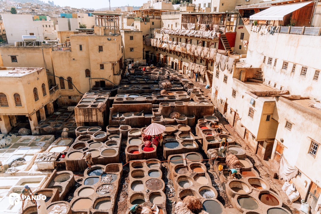 Traditional leather dyeing pits of the Chouara Tannery surrounded by old medina buildings in Fes el-Bali